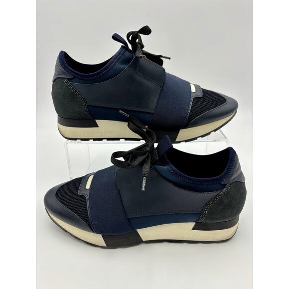 Authentic Balenciaga Race Runner Sneakers Navy Blue Black Elastic Size 8 38 - Picture 2 of 16